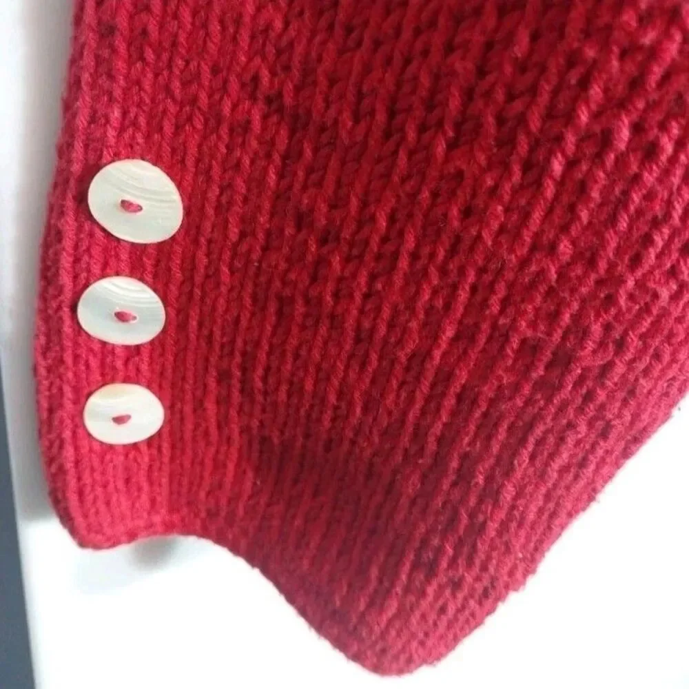 Vintage Pure Handknit Sweater M/L Red Cotton Shell Button Boho Art Knit